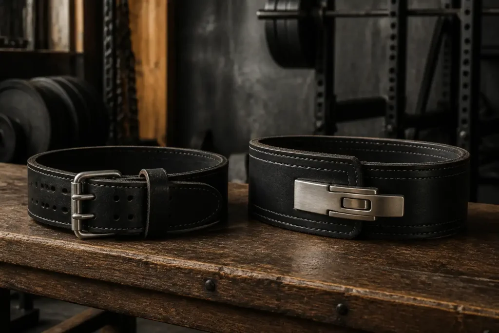 Two unbranded black leather lifting belts with different closures on a worn wooden gym bench