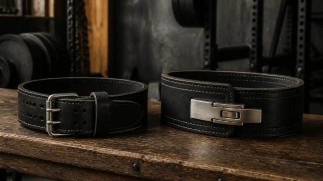 Two unbranded black leather lifting belts with different closures on a worn wooden gym bench