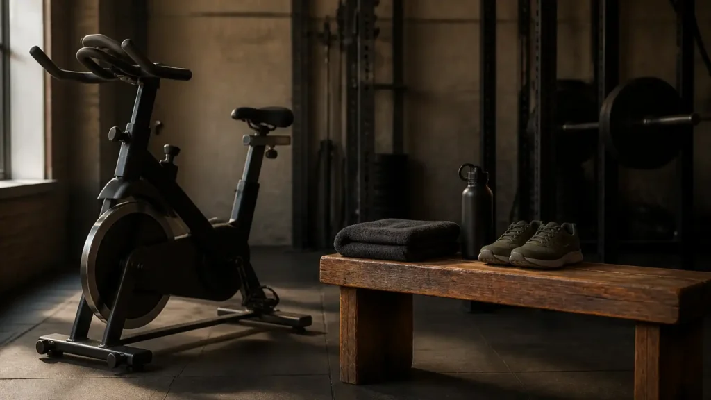 Quiet strength gym with a stationary bike, folded towels, water bottle, training shoes, and wooden bench