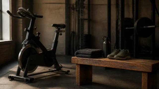 Quiet strength gym with a stationary bike, folded towels, water bottle, training shoes, and wooden bench