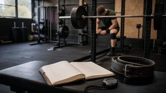 Open training notebook, lifting belt, and stopwatch on a gym bench with a squat rack softly visible behind them.