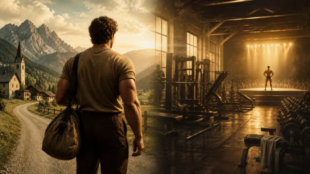 Illustration of a young bodybuilder walking from an Austrian village landscape toward a golden-era gym and stage.