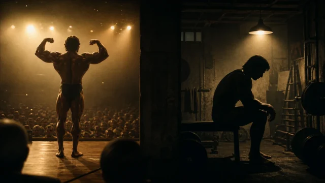 Split cinematic scene with anonymous bodybuilder silhouette on stage and another training alone in shadow.