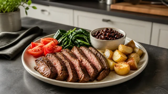 Sliced cooked lean beef with potatoes, spinach, tomatoes, and beans on a kitchen counter.