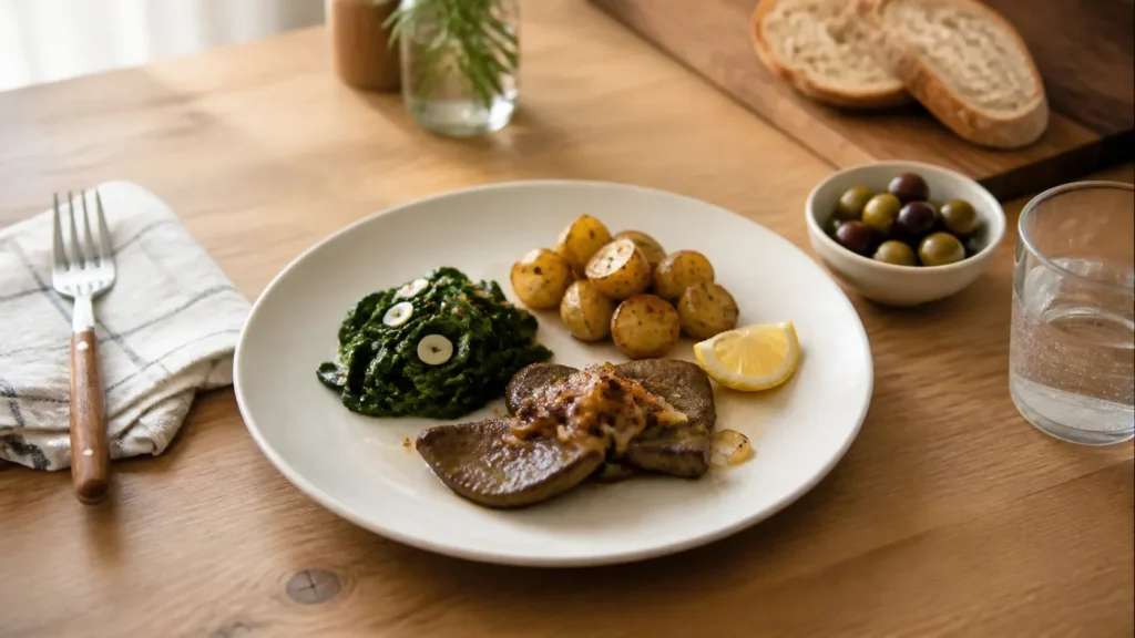 Small cooked beef liver serving with potatoes, sauteed greens, and lemon on a home kitchen table.