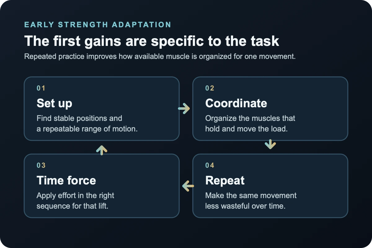 Four-step map showing setup, coordination, force timing, and repeatable practice as contributors to early strength expression.