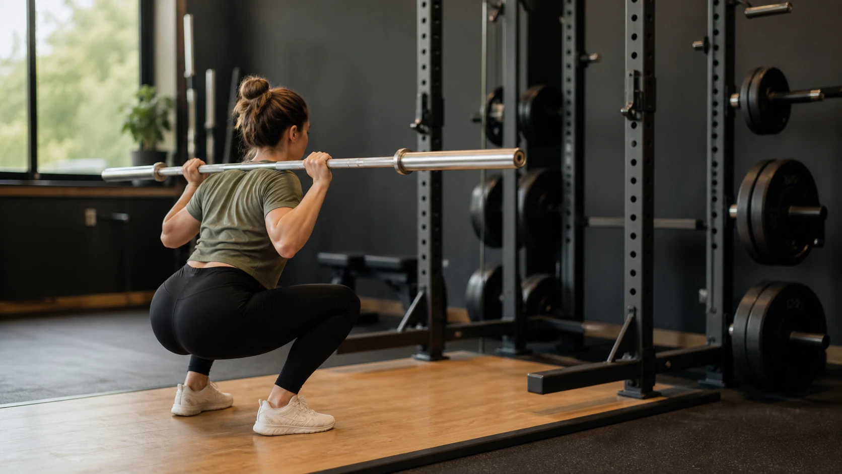 Anonymous beginner practicing a controlled barbell squat with a lightly loaded bar in a quiet strength gym.