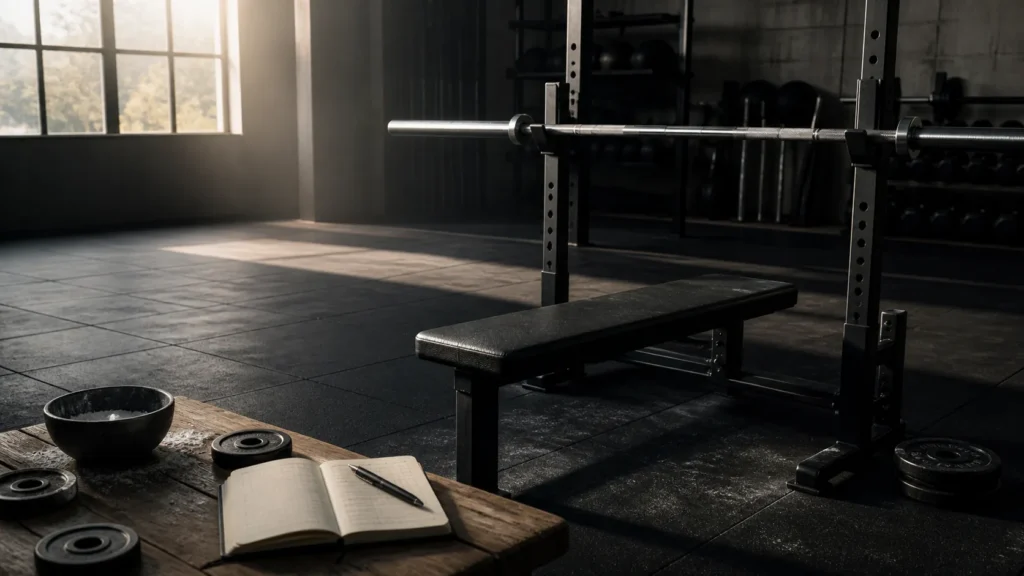 Empty bench press station with a racked barbell, chalk, small plates and an open training log in a quiet strength gym