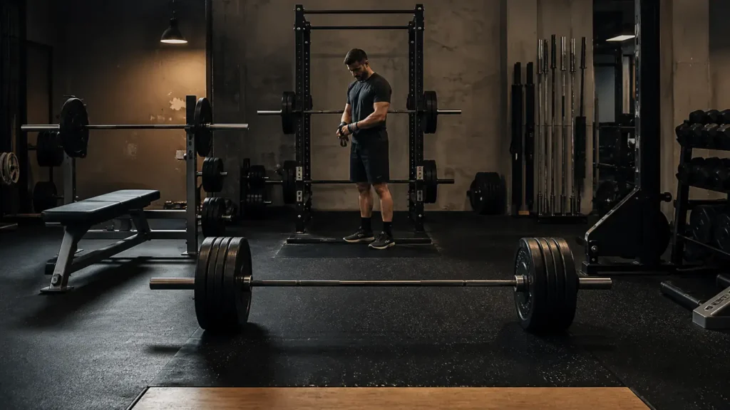 Strength gym with squat rack, flat bench, and loaded deadlift bar arranged in one practical training space.