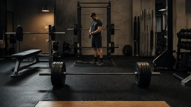 Strength gym with squat rack, flat bench, and loaded deadlift bar arranged in one practical training space.