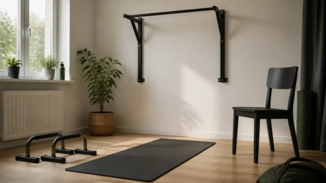 A calm home training space with a wall pull-up bar, exercise mat, chair, and parallettes ready for bodyweight training.