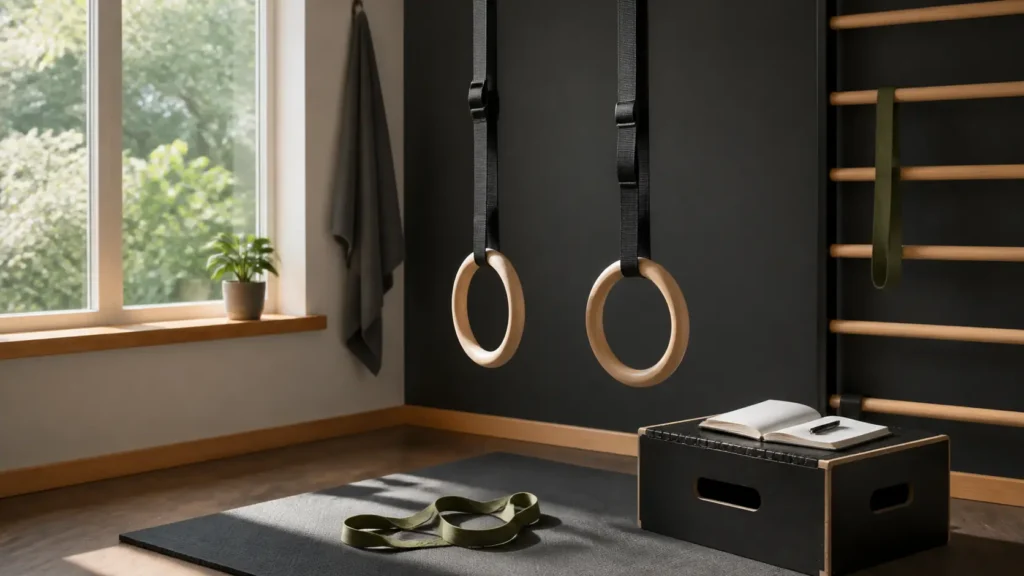 Gymnastic rings, a wall ladder, a mat, and a sturdy box arranged in an empty bodyweight training space.