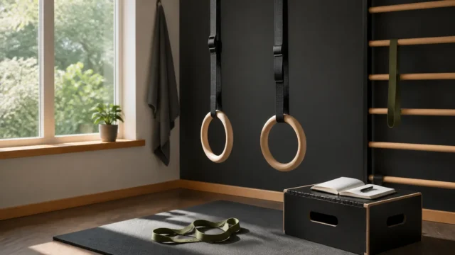 Gymnastic rings, a wall ladder, a mat, and a sturdy box arranged in an empty bodyweight training space.