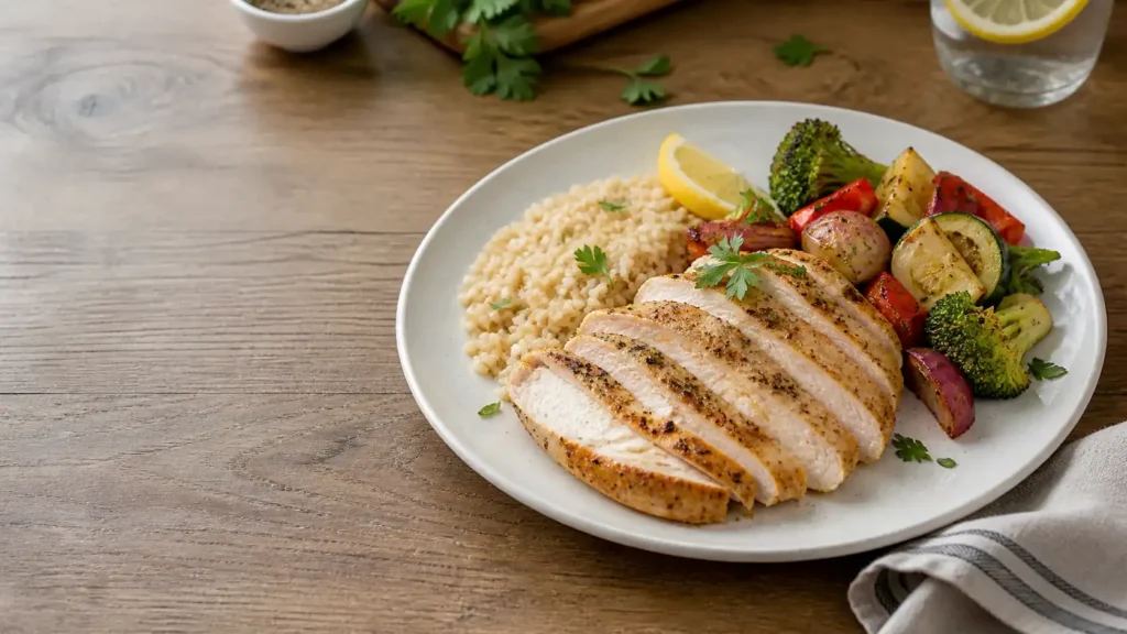 Sliced cooked chicken breast with brown rice, roasted vegetables, lemon, and herbs on a home kitchen table.