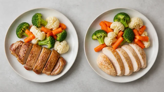 Two plates with cooked skinless chicken thigh and chicken breast served with the same vegetables on a neutral countertop.