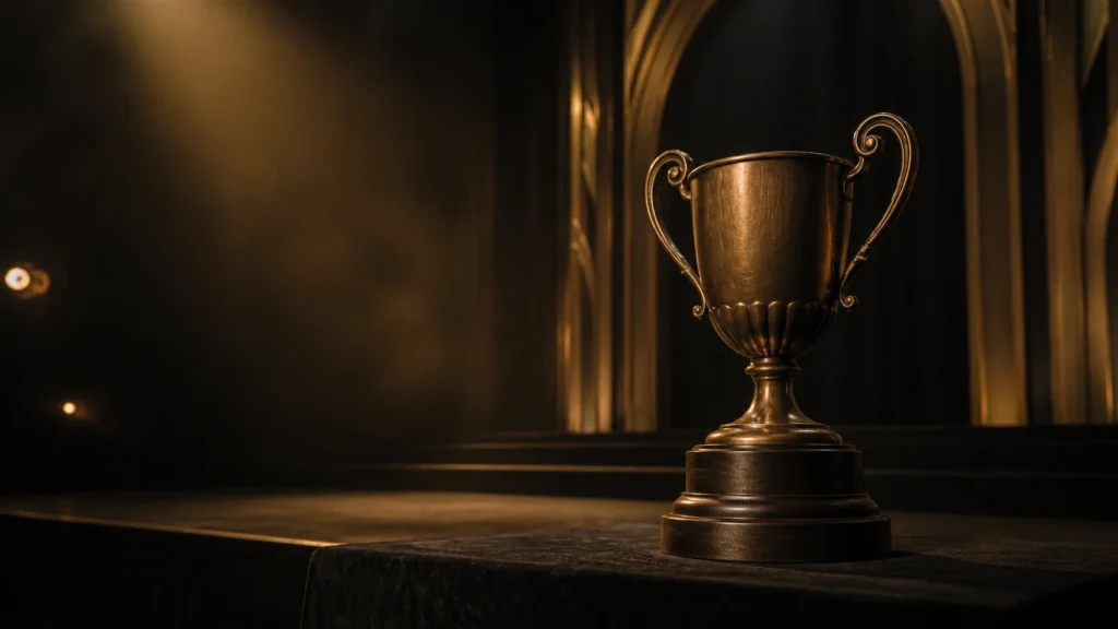 Anonymous bronze championship cup on an empty art-deco contest stage under an amber spotlight