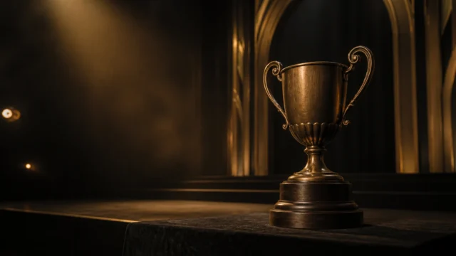 Anonymous bronze championship cup on an empty art-deco contest stage under an amber spotlight