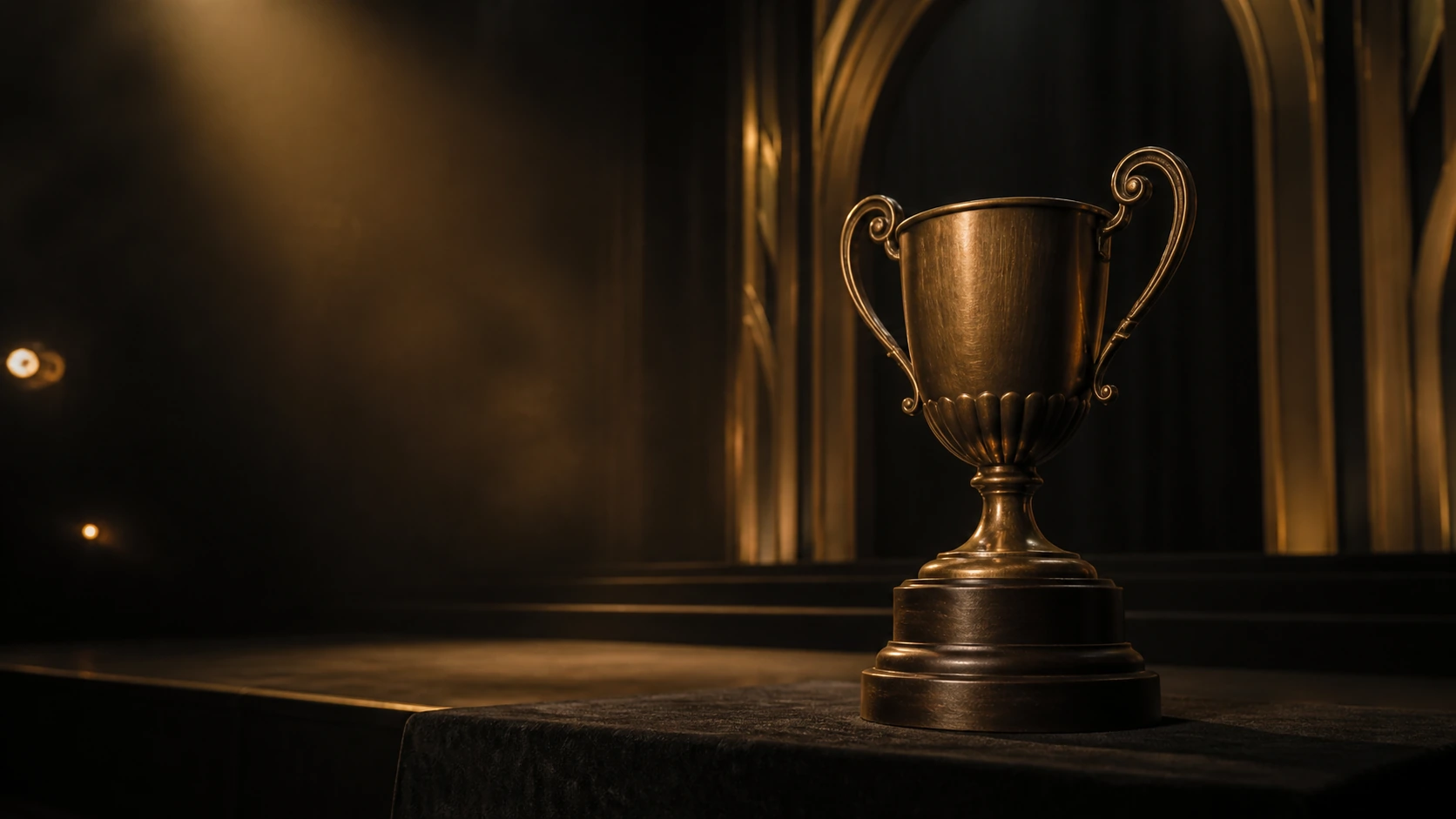 Anonymous bronze championship cup on an empty art-deco contest stage under an amber spotlight