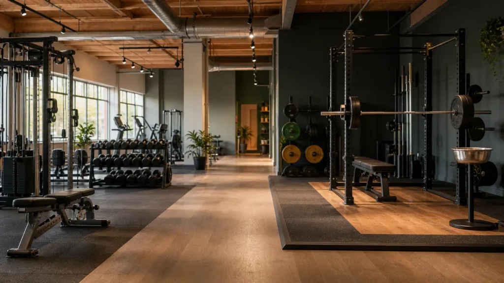 Commercial gym equipment on one side of a connected space and a powerlifting rack and platform on the other.