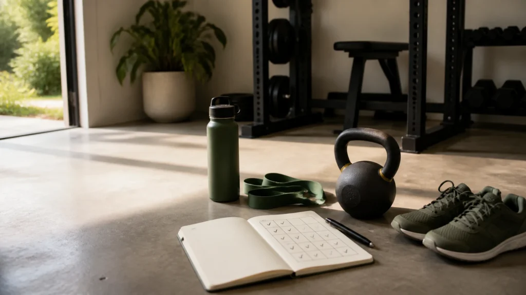 Kettlebell, notebook with check marks, resistance band, water bottle, and training shoes in a small gym.