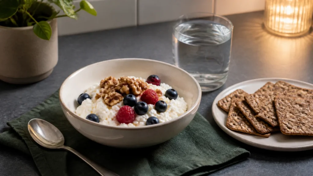 Cottage cheese bowl with berries and walnuts beside whole-grain crackers and water in evening light.