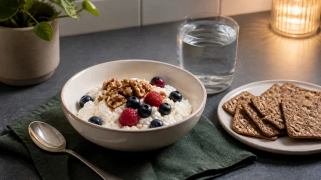 Cottage cheese bowl with berries and walnuts beside whole-grain crackers and water in evening light.