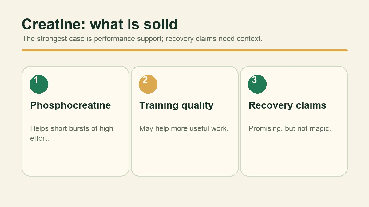 Diagram showing creatine supporting phosphocreatine, training quality, and context-specific recovery claims.