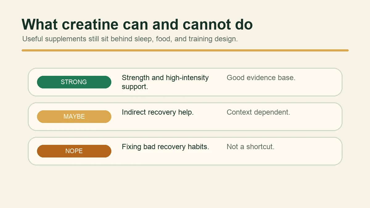 Chart showing strong, maybe, and no evidence categories for creatine claims.