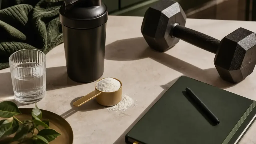 Unbranded creatine scoop, shaker, water glass, notebook, and dumbbell on a clean surface.