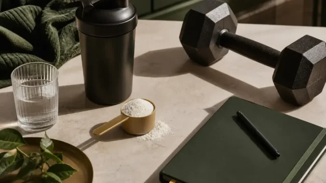 Unbranded creatine scoop, shaker, water glass, notebook, and dumbbell on a clean surface.