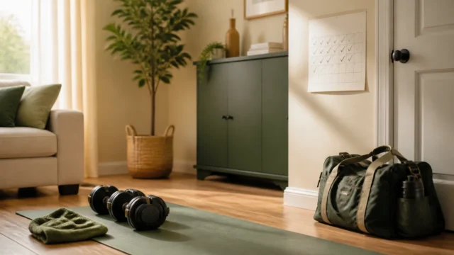Home workout corner with dumbbells, mat, gym bag, water bottle, and a simple calendar on the wall.