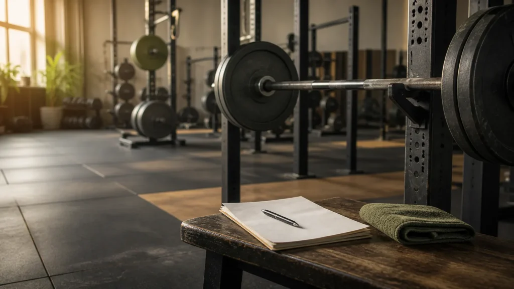 Lightly loaded barbell in a quiet strength gym beside a blank training log, pen and folded towel