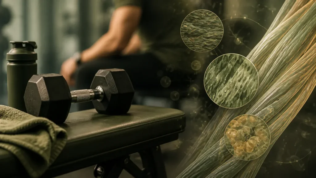 Dumbbell and towel on a gym bench with abstract muscle repair overlay in a calm recovery-focused scene.
