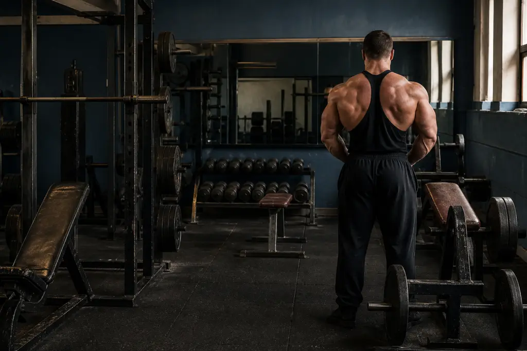 Anonymous muscular athlete viewed from behind in a dark 1990s style strength gym