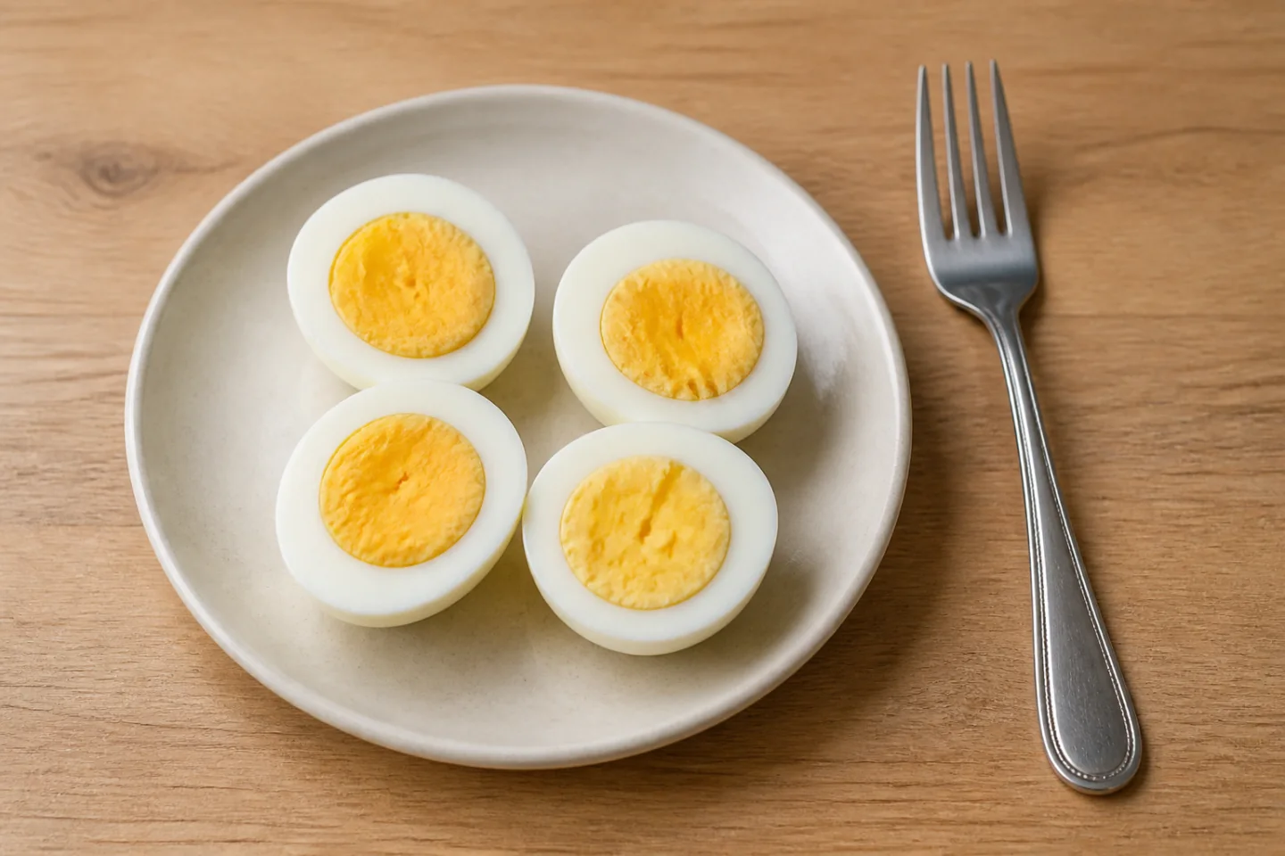 Two hard-boiled eggs cut in half on a plate with a dinner fork for scale.