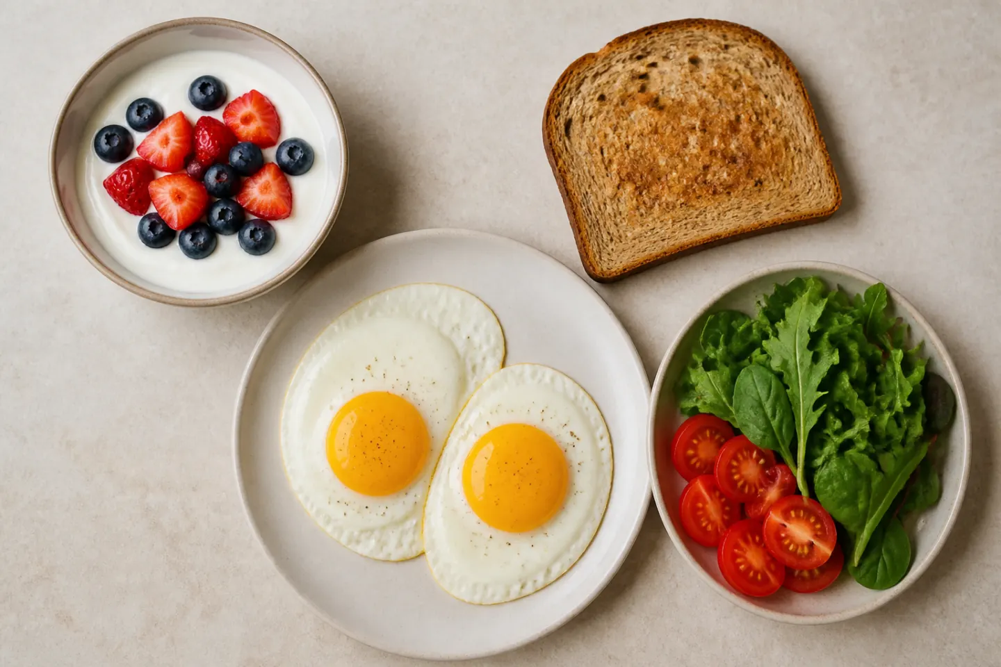 Two eggs with Greek yogurt and berries, whole-grain toast, tomatoes, and leafy greens.