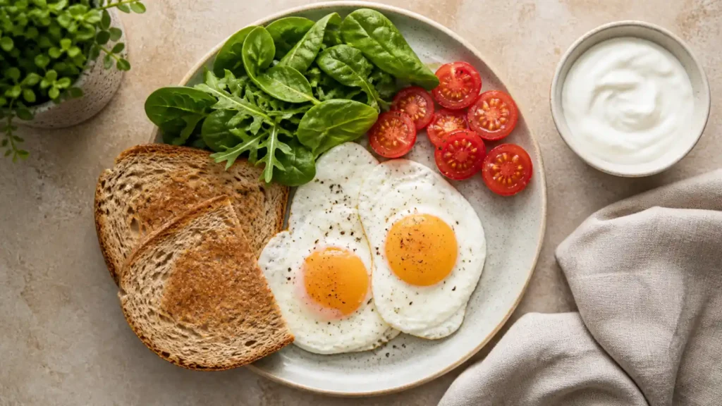 Two cooked eggs with whole-grain toast, leafy greens, tomatoes, and plain Greek yogurt.