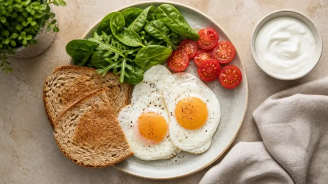 Two cooked eggs with whole-grain toast, leafy greens, tomatoes, and plain Greek yogurt.