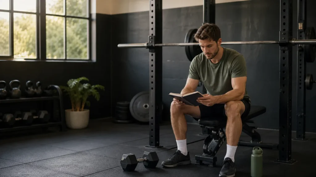 Adult beginner reviewing a training notebook beside a squat rack and dumbbells in a practical gym.