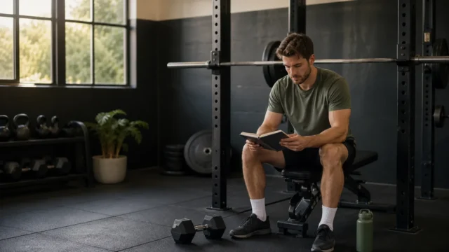 Adult beginner reviewing a training notebook beside a squat rack and dumbbells in a practical gym.