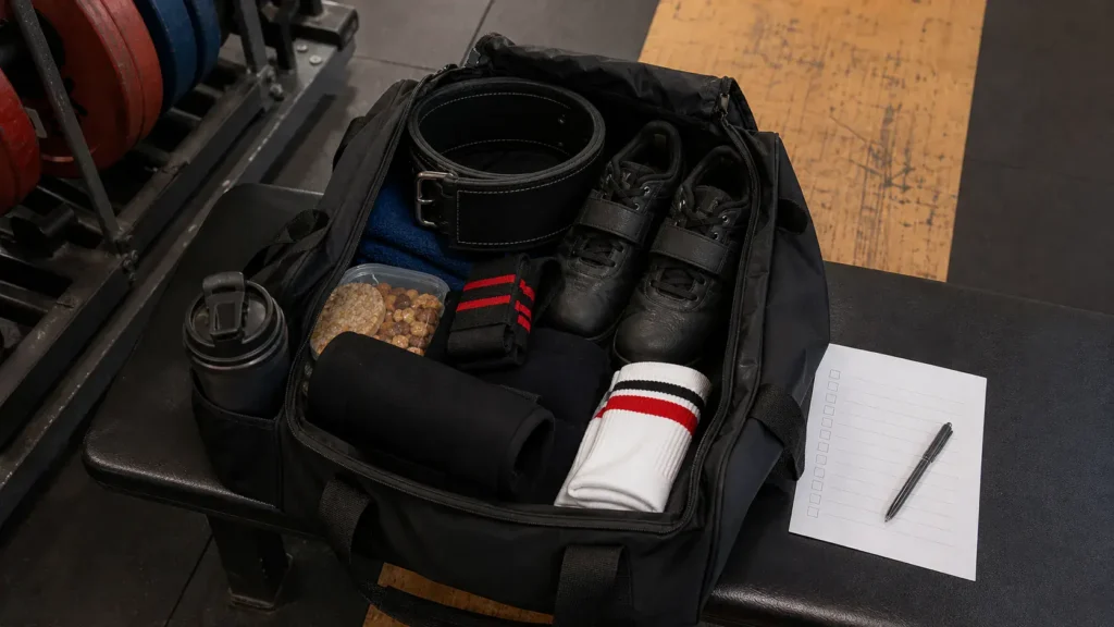 Open gym bag with unbranded belt, flat shoes, socks, wraps, sleeves, water bottle, towel, and snacks organized on a bench.
