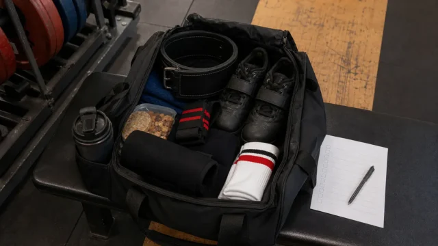 Open gym bag with unbranded belt, flat shoes, socks, wraps, sleeves, water bottle, towel, and snacks organized on a bench.