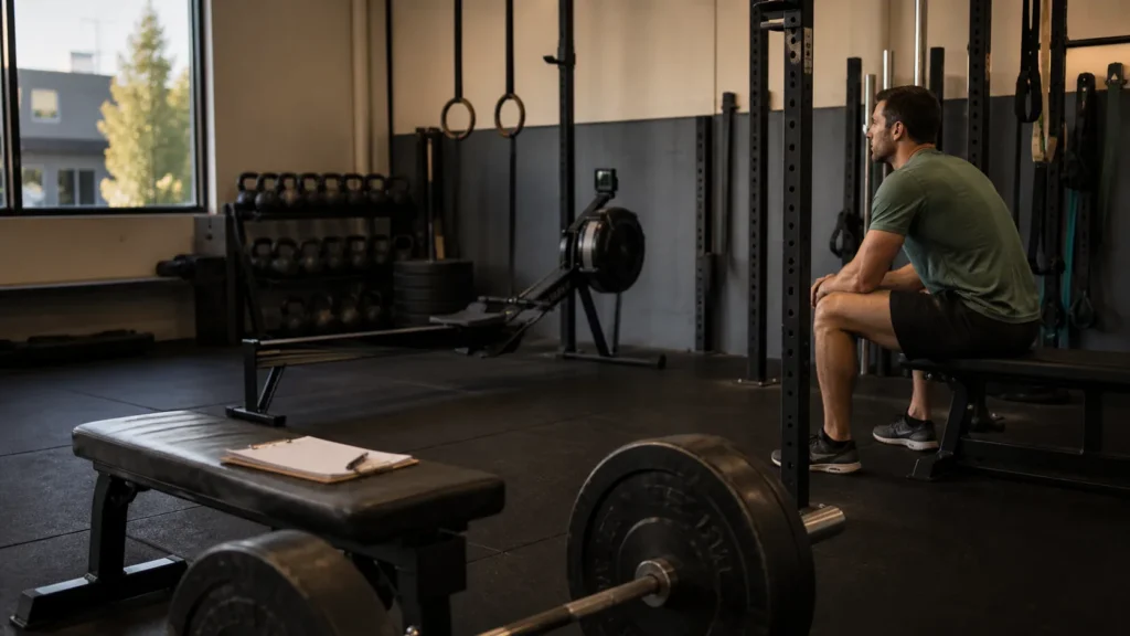 Adult lifter resting in a simple gym beside a bench, barbell, and a small training log.