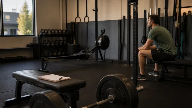 Adult lifter resting in a simple gym beside a bench, barbell, and a small training log.