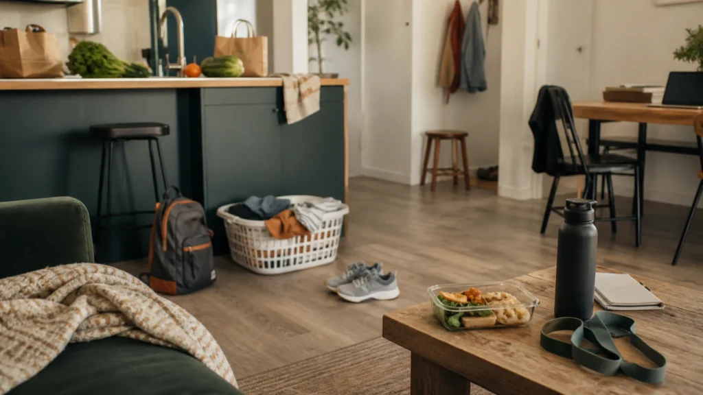Lived-in apartment with groceries, laundry, backpack, resistance bands, shoes, water bottle, and meal prep.