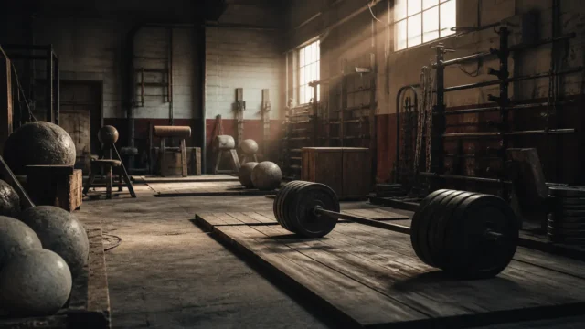 Illustrative 1970s strength-training warehouse with an anonymous athlete silhouette loading a barbell.