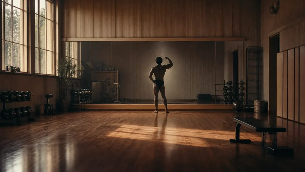 Illustrative late-1970s training studio with an anonymous athlete practicing a classic pose in front of a mirror.