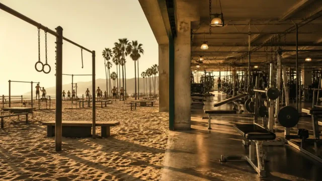 Split scene from outdoor beach exercise equipment to an indoor iron gym under warm California light.