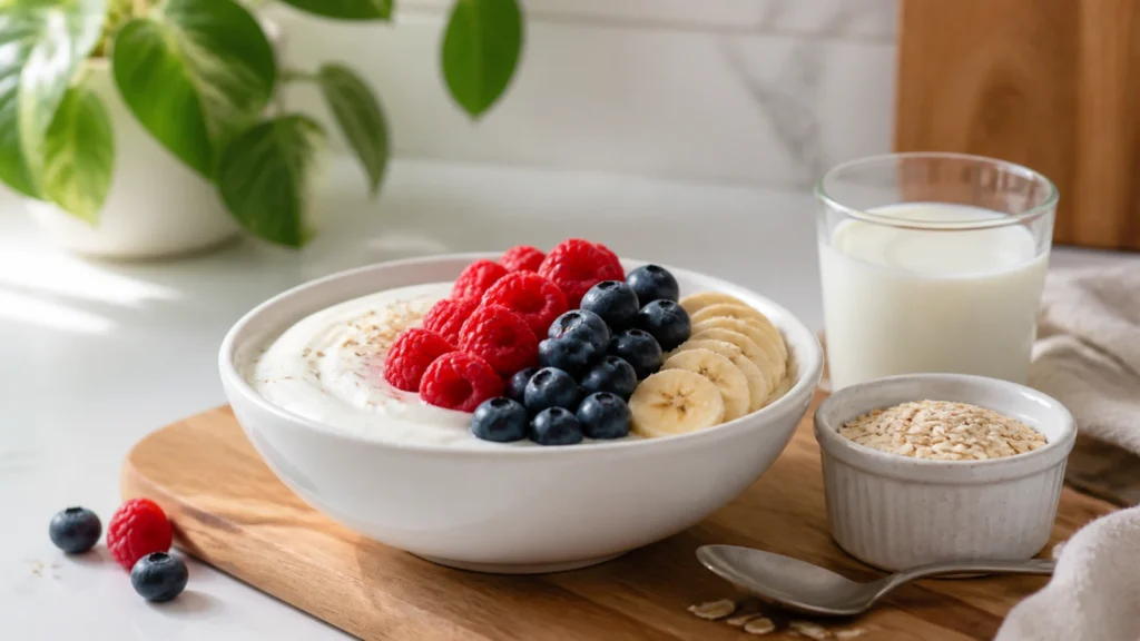 Plain Greek yogurt bowl with berries, banana, oats, milk, and a spoon on a bright kitchen counter.