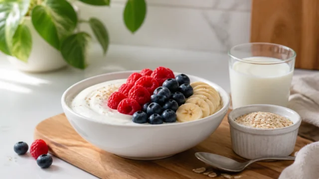 Plain Greek yogurt bowl with berries, banana, oats, milk, and a spoon on a bright kitchen counter.